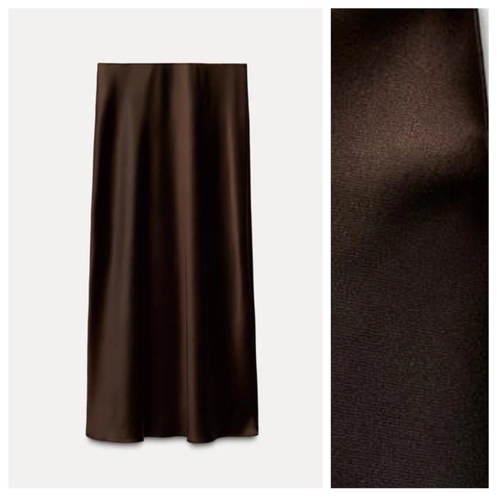 NWT. Zara Dark Brown Satin Effect High Waisted Midi Skirt. Size XL. - Picture 4 of 7